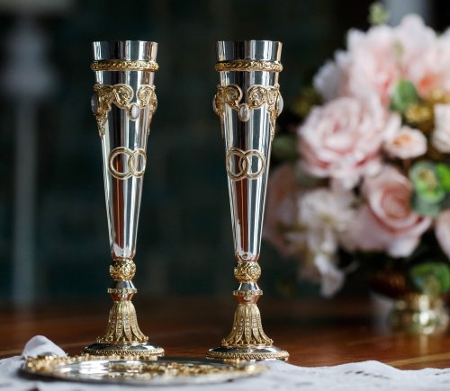 серебряный набор «жених и невеста» - бокалы и поднос